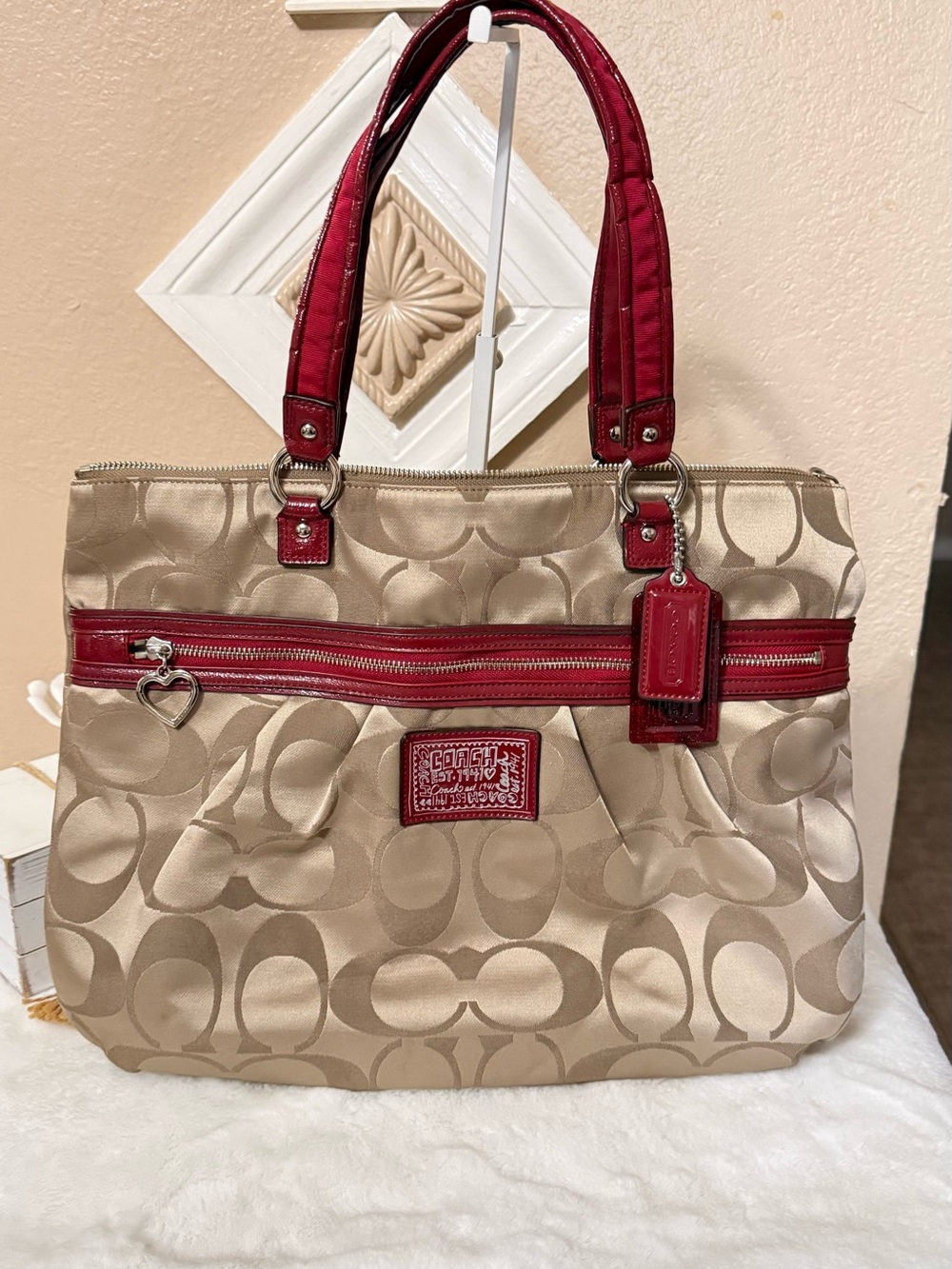 Coach Beige Signature Shoulder Bag with Red Trim
